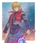  1boy blonde_hair blue_eyes borealisdrg cowboy_shot highres holding holding_sword holding_weapon long_sleeves male_focus monado red_vest shulk solo sword vest weapon xenoblade_(series) xenoblade_1 