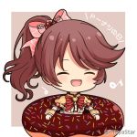  1girl :d ^_^ bangs blush bow brown_background brown_hair closed_eyes commentary_request doughnut eyebrows_visible_through_hair food hair_bow heart idolmaster idolmaster_cinderella_girls miicha open_mouth oversized_food oversized_object parted_bangs pink_bow ponytail puffy_short_sleeves puffy_sleeves red_bow shiina_noriko short_sleeves smile solo translation_request twitter_username two-tone_background white_background wrist_cuffs 