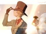  2boys adjusting_headwear arm_belt black_gloves black_headwear blonde_hair formal gloves goggles goggles_on_headwear hand_up hat highres kuromame_grimm long_sleeves male_focus multiple_boys necktie one_piece portgas_d_ace sabo_(one_piece) scar suit tattoo top_hat 
