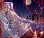  1girl absurdres aer_(tengqiu) bed breasts cleavage collarbone dress earrings gloves hair_ribbon highres hoop_earrings jewelry long_hair looking_at_viewer night night_sky open_mouth original purple_eyes purple_hair ribbon ring sky small_breasts thighhighs vampire very_long_hair wedding_dress wedding_ring white_dress white_gloves white_legwear 