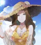  1girl breasts brown_hair cleavage day dress flower grey_eyes hand_up hat hat_flower hijinrui_gakuen jewelry kuromame_grimm lens_flare long_hair looking_at_viewer necklace outdoors solo starfish_earrings straw_hat sun_hat upper_body yellow_dress 