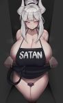  1girl apron apron_lift areola_slip areolae bangs black_tail blunt_bangs blush breasts chamchami closed_mouth curvy demon_girl demon_horns demon_tail eyebrows_visible_through_hair glorious_success helltaker highres horns huge_breasts korean_commentary large_breasts long_hair looking_at_viewer lucifer_(helltaker) mole mole_under_eye naked_apron red_eyes sidelocks skeleton_(helltaker) smile standing tail thighs white_horns 