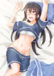  1girl alternate_costume anti_(untea9) arms_up bed black_hair blue_shirt blue_shorts bra commentary_request cowboy_shot glasses green_eyes hairband highres kantai_collection long_hair lying on_back one_eye_closed ooyodo_(kantai_collection) panties pillow semi-rimless_eyewear shirt shirt_lift shorts sleepwear solo under-rim_eyewear underwear white_bra white_panties 