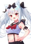  1girl :d animal_ear_fluff animal_ears azur_lane bare_shoulders black_bow black_sailor_collar black_skirt blush bow breasts cat_ears commentary_request covered_nipples crop_top fang hair_bow hand_on_hip highres looking_at_viewer medium_breasts midriff open_mouth pleated_skirt red_bow red_eyes sailor_collar school_uniform serafuku shirt silver_hair skirt sleeveless sleeveless_shirt smile solo tsukiman twintails white_shirt yukikaze_(azur_lane) 