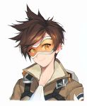  1girl bangs bomber_jacket brown_eyes brown_hair closed_mouth collarbone commentary_request ear_piercing earrings goggles hair_between_eyes highres jacket jewelry korean_commentary lips looking_at_viewer maro_(lij512) overwatch piercing short_hair simple_background smile solo spiked_hair tracer_(overwatch) upper_body white_background 
