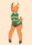  ambiguous_gender animal_crossing anthro beau_(animal_crossing) bedroom_eyes blue_eyes blush bottomless cervid clothed clothing covering covering_crotch fluffy fluffy_tail fur girly half-closed_eyes hi_res hooves horn humanoid male mammal mxkittyy narrowed_eyes nintendo orange_body orange_fur pose seductive simple_background solo sweater tongue topwear video_games wide_hips 