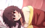  1girl bangs bare_shoulders bed bed_sheet blush breasts brown_hair cleavage collarbone cropped_torso eyebrows_visible_through_hair hair_between_eyes hair_over_shoulder head_on_pillow highres kono_subarashii_sekai_ni_shukufuku_wo! looking_at_viewer lying megumin naked_sheet nude on_bed on_side open_mouth pillow pugpuggy red_eyes short_hair short_hair_with_long_locks small_breasts smile solo under_covers upper_body 