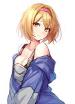  1girl absurdres aki663 alternate_costume blonde_hair blush breasts brown_eyes cleavage collarbone djeeta_(granblue_fantasy) granblue_fantasy hairband highres looking_at_viewer parka short_hair smile solo white_background 