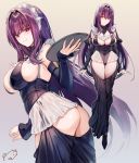  alternate_costume breasts cleavage enmaided fate/grand_order fate_(series) frills garter_straps hair_intakes highres large_breasts long_hair maid maid_headdress obiwan purple_hair red_eyes scathach_(fate)_(all) scathach_(fate/grand_order) tray 
