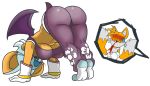  2018 2_tails all_fours alternate_costume anthro ass_up bent_over big_breasts black_nose blood blue_eyes blue_eyeshadow blush bodily_fluids bottomwear breasts butt canid canine chiropteran clothing countershading digital_media_(artwork) dipstick_tail duo eyeshadow female fox fur gloves hair handwear hi_res legwear looking_back makeup male mammal membrane_(anatomy) membranous_wings midriff miles_prower multi_tail multicolored_tail nosebleed orange_body orange_fur pants rouge_the_bat shirt sleeveless_shirt socks sonic_the_hedgehog_(series) sweat sweatdrop tan_body tangybutts topwear under_boob white_body white_countershading white_fur white_hair wings 
