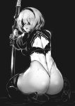  1girl ass back_cutout black_background blindfold breasts commentary_request from_behind full_body gloves greyscale hairband high_heels holding holding_sword holding_weapon juliet_sleeves leotard long_sleeves looking_at_viewer mole mole_under_mouth monochrome nier_(series) nier_automata puffy_sleeves short_hair simple_background sitting solo sumisu_(mondo) sword thighhighs weapon yorha_no._2_type_b 