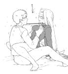  1boy 1girl arm_support bottomless breast_fondle breast_grab emiya_shirou fate/stay_night fate_(series) glasses grabbing greyscale heart long_hair low-tied_long_hair mo_(kireinamo) monochrome motion_lines raglan_sleeves rider sex short_hair sweat translated turtleneck visible_air 