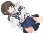  1girl black_sailor_collar blue_ribbon blue_sailor_collar blue_skirt blush brown_eyes brown_hair closed_mouth commentary_request cowboy_shot fubuki_(kantai_collection) houjichaoic kantai_collection long_hair long_sleeves low_ponytail navel neck_ribbon pleated_skirt ponytail ribbon sailor_collar short_ponytail sidelocks simple_background skirt solo white_background 