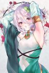  1girl 8_(siihachi) :o antenna_hair armpits arms_behind_back arms_up bare_shoulders blush commentary_request covered_navel detached_sleeves flower grey_background hair_between_eyes hair_ornament highres kokkoro_(princess_connect!) leaf_hair_ornament long_sleeves looking_at_viewer open_mouth princess_connect! princess_connect!_re:dive red_eyes red_flower red_rose rose shawl short_hair silver_hair solo two-tone_dress upper_body wreath 