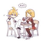  1girl 2boys armband bangs black_skirt blonde_hair blue_eyes chair closed_eyes collar commentary desk executive_student_council_(module) feet_on_chair full_body hair_ornament hairclip holding holding_paper jacket kagamine_len kagamine_rin leg_up light_blush miniskirt multiple_boys open_mouth origami pants paper paper_airplane paper_crane pleated_skirt pouty_lips project_diva_(series) red_collar red_skirt school_uniform serafuku short_hair sitting skirt smile spiked_hair suzumi_(fallxalice) swept_bangs thighhighs trad_school_(module) translated uniform vocaloid white_background white_jacket white_pants white_uniform 