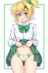  1girl akatsuki_kirika blonde_hair blush bow clothes_around_waist eyebrows_visible_through_hair freedom_xdrive green_bow green_hair green_panties green_skirt hair_ornament highres jacket_around_waist looking_at_viewer navel panties senki_zesshou_symphogear shirt short_hair side_ponytail skirt skirt_lift standing underwear white_shirt 