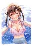  1girl absurdres bare_shoulders bikini blush breasts brown_hair cleavage collarbone frown highres large_breasts long_hair looking_at_viewer navel open_mouth orange_eyes original outstretched_arms partially_submerged sakura_hiyori scan sidelocks solo swimsuit twintails water wet white_bikini 