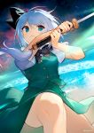  1girl :&lt; ainy77 arms_up bangs bare_legs black_bow black_neckwear blue_eyes bow bowtie closed_mouth commentary_request eyebrows_visible_through_hair feet_out_of_frame green_skirt green_vest hair_bow highres holding holding_sword holding_weapon katana konpaku_youmu magic_circle midair serious shirt short_hair short_sleeves signature silver_hair skirt sky solo star_(sky) starry_sky sword tassel thighs touhou twitter_username v-shaped_eyebrows vest weapon white_shirt 