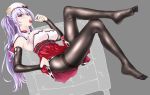  1girl ajax_(azur_lane) azur_lane bangs black_legwear bow breasts candy elbow_gloves food gloves grey_background hair_bow hat large_breasts lollipop long_hair looking_at_viewer no_shoes on_bed open_mouth oukama pantyhose red_eyes silver_hair sitting sitting_on_bed soles solo thighhighs tongue tongue_out 