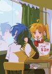  2girls ahoge black_skirt blonde_hair blue_hair blue_sky bocchi_the_rock! bow bowtie chinese_commentary classroom cloud commentary_request curtains desk green_jacket highres holding holding_paper ijichi_nijika indoors jacket layered_sleeves lingyi long_hair long_sleeves love_letter medium_hair multiple_girls open_mouth paper pencil pleated_skirt red_bow red_bowtie red_eyes reflection school_desk school_uniform shimokitazawa_high_school_uniform shirt short_over_long_sleeves short_sleeves side_ponytail skirt sky smile white_shirt yamada_ryo 