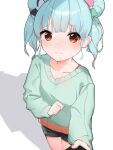 1girl 3: black_bow black_shorts blue_hair blunt_bangs blush bow collarbone commentary_request cowboy_shot double_bun flat_chest green_bow green_sweater hair_bow hair_bun hand_up hyodou_shizuku idoly_pride light_blue_hair long_sleeves looking_at_viewer orange_eyes pink_bow pov raised_eyebrows shadow shorts sidelighting sidelocks solo sweater tesa_otaku twintails two-tone_bow white_background white_bow 