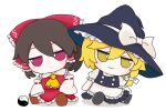  2girls apron ascot black_vest blonde_hair bow braid buttons detached_sleeves frilled_bow frilled_hair_tubes frills fumo_(doll) hair_bow hair_tubes hakama hakurei_reimu hat hat_bow highres japanese_clothes kirisame_marisa multiple_girls nontraditional_miko purple_eyes red_bow red_skirt rei_(tonbo0430) shirt side_braid single_braid skirt skirt_set smile touhou vest white_bow white_shirt wide_sleeves witch_hat yellow_ascot yellow_eyes yin_yang 