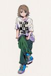  0507_tuyuri 1girl baggy_pants blue_eyes blue_footwear brown_hair casual cheap_trick_(band) crossed_legs green_pants highres looking_at_viewer love_live! pants shirt shoes sketch smile sneakers solo watanabe_you white_shirt 