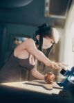  1girl absurdres airpods apple arm_tattoo bare_arms bare_shoulders black_hair blunt_bangs butterfly_tattoo d_(killer_wife)_(nikke) d_(nikke) dongtan_dress dress fingernails food fruit goddess_of_victory:_nikke grey_dress highres holding holding_food holding_fruit leaning_forward long_hair meme_attire nail_polish oclet official_alternate_costume open_mouth reaching red_eyes sidelocks solo standing tattoo wireless_earphones 