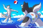 ageplay anthro ball barn_(artist) bottomwear canid canine canis clean_diaper clothed clothing damien_(barn) diaper diaper_only domestic_dog duo husky infantilism leo_(barn) male male/male mammal nordic_sled_dog roleplay sea siberian_husky spitz sport swim_diaper swimwear topless volleyball_(ball) water