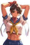  arms_up blue_sailor_collar blue_skirt breasts brown_eyes brown_hair gloves headband highres imageai2024 kasugano_sakura light_smile looking_past_viewer medium_breasts navel pleated_skirt red_gloves red_undershirt ribbon sailor_collar school_uniform skirt street_fighter street_fighter_zero_(series) sweat sweatdrop white_headband yellow_ribbon 