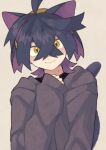  1boy alternate_costume animal_ears black_hair blush cat_boy cat_ears cat_tail closed_mouth crossed_bangs grey_background grey_hoodie hair_between_eyes highres hood hoodie hykchiba kieran_(pokemon) long_sleeves looking_at_viewer male_focus mole mole_on_neck multicolored_hair orange_eyes pokemon pokemon_sv purple_hair simple_background smile solo tail upper_body 