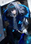  1boy absurdres antinese arthropod_boy black_hair blue_eyes bug butterfly_wings cape cloak collared_shirt crown diamond_hairband fate/grand_order fate_(series) fur-trimmed_cape fur-trimmed_cloak fur_trim highres insect_wings long_sleeves looking_at_viewer male_focus medium_hair oberon_(fate) oberon_(third_ascension)_(fate) official_alternate_hair_color shirt smile solo white_shirt wings 