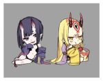  2girls blonde_hair breasts chibi chips_(food) eating fate/grand_order fate_(series) food horns ibaraki_douji_(fate) japanese_clothes kimono long_hair looking_at_viewer multiple_girls navel oni open_mouth pointy_ears potato_chips purple_eyes purple_hair purple_kimono short_hair shuten_douji_(fate) sitting skin-covered_horns small_breasts smile takuan_(takuanlunch) yellow_eyes yellow_kimono 