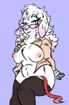 anthro areola blue_background breasts chest_tuft clothed clothing eyeshadow eyewear female fur glasses hand_on_breast knees_together legwear lipstick makeup mammal nipples partially_clothed simple_background sitting solo topwear tuft unknown_artist unknown_species white_body white_fur