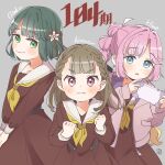  3girls absurdres ahoge anyoji_hime black_ribbon blonde_hair blue_eyes blunt_bangs blunt_ends blush braid brown_dress brown_hair center-flap_bangs character_name clenched_hands closed_mouth dress flower green_eyes green_hair grey_background hair_flower hair_intakes hair_ornament hair_ribbon handheld_game_console hasu_no_sora_school_uniform highres holding holding_handheld_game_console jacket kachimachi_kosuzu link!_like!_love_live! long_hair long_sleeves looking_at_viewer love_live! momose_ginko multi-tied_hair multicolored_hair multiple_girls muramoh neckerchief open_clothes open_jacket open_mouth pink_eyes pink_hair pink_jacket pleated_dress ponytail ribbon sailor_collar sailor_dress school_uniform short_hair side_braids sidelocks smile split_mouth straight_hair swept_bangs v-shaped_eyebrows v_arms very_long_hair virtual_youtuber wavy_mouth white_sailor_collar winter_uniform yellow_neckerchief 