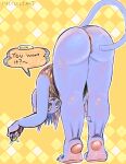 animal_crossing anthro anus bent_over big_butt black_eyes blue_body blue_fur blush blush_stickers bottomless butt clothed clothing coin dialogue domestic_cat fangs felid feline felis female fur genitals haloluli head_tuft hi_res holding_coin looking_at_viewer looking_back looking_back_at_viewer mammal multicolored_clothing multicolored_topwear nintendo open_mouth open_smile orange_background pattern_background pawpads pink_anus pussy rear_view rosie_(animal_crossing) simple_background smile solo speech_bubble talking_to_viewer teeth text thick_thighs topwear tuft wide_hips