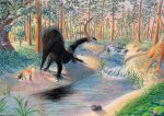 ambiguous_gender canid canine colored_pencil_(artwork) detailed_background duo entitycore feral fox hi_res mammal monster plant river traditional_media_(artwork) tree