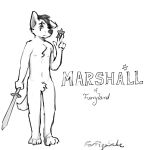 anthro danny_smoke_in_furry_land eye_scar facial_scar forfigssake_(artist) hi_res male marshall_the_wolf melee_weapon monochrome name_drop ranged_weapon scar shuriken skinny sword three-quarter_view weapon