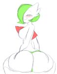 big_butt blush blush_lines breasts butt clothing doctordongass eyes_closed female gardevoir generation_3_pokemon green_clothing green_hair green_thong green_underwear hair hair_over_eye humanoid looking_back mostly_nude nintendo one_eye_obstructed pokemon pokemon_(species) rear_view short_hair simple_background sitting small_waist smile solo thick_thighs thong underwear white_background white_body wide_hips