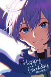  1boy azaka_(pipponao) bishounen blue_eyes blue_hair blue_scarf blush chromatic_aberration commentary dated eyelashes hair_between_eyes happy_birthday headset kaito_(vocaloid) looking_at_viewer male_focus mouthpiece parted_lips portrait scarf short_hair sidelighting smile solo vocaloid 