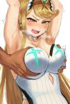  1boy 1girl armpits arms_up blonde_hair breasts circlet covered_nipples dark-skinned_male dark_skin earrings grabbing grabbing_another&#039;s_breast grabbing_from_behind heavy_breathing hetero jewelry large_breasts long_hair motion_lines mythra_(radiant_beach)_(xenoblade) mythra_(xenoblade) nebitora netorare one-piece_swimsuit open_mouth simple_background swimsuit teeth textless_version upper_body upper_teeth_only v-shaped_eyebrows very_long_hair white_background white_one-piece_swimsuit xenoblade_chronicles_(series) xenoblade_chronicles_2 yellow_eyes 
