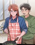  2boys apron black_eyes black_hair blue_(aflsw) blue_shirt blush brown_hair brown_pants chopsticks closed_mouth collared_shirt commentary_request cooking green_sweater highres holding holding_chopsticks ichijou_seiya indoors joukyou_seikatsuroku_ichijou kaiji kitchen long_hair long_sleeves male_focus medium_bangs multiple_boys murakami_tamotsu open_mouth pants parted_bangs pink_apron plaid plaid_apron shirt short_hair sleeves_rolled_up smile soy_sauce_bottle sparkle sweater upper_body v-shaped_eyebrows 