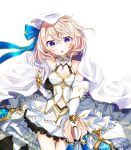  blonde_hair blue_ribbon breasts cleavage dress elbow_gloves eleanor_(shironeko_project) frilled_dress frills gloves hair_ribbon highres long_ribbon navel purple_eyes ribbon shironeko_project short_hair wcpcallet 