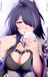  1girl absurdres acheron_(honkai:_star_rail) ahoge breasts cleavage commentary food hair_ornament hand_up highres holding holding_food honkai:_star_rail honkai_(series) long_hair purple_eyes purple_hair rizyznn single_bare_shoulder solo upper_body 