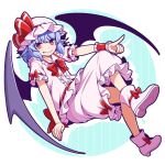  bat_wings blue_hair boots breasts eichi_yuu fang full_body hat hat_ribbon invisible_chair medium_breasts mob_cap pink_footwear pink_hair pink_shirt pink_skirt pointing pointy_ears red_eyes red_ribbon remilia_scarlet ribbon shirt short_sleeves sitting skirt smile touhou vampire wings 
