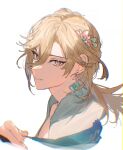  1boy artifact_(genshin_impact) blonde_hair earrings feathers flower genshin_impact hair_between_eyes hair_flower hair_ornament hand_up highres holding holding_feather jewelry kaveh_(genshin_impact) long_hair looking_at_viewer looking_to_the_side male_focus parted_bangs parted_lips red_eyes sachico66 shirt sidelocks simple_background smile solo upper_body white_background white_shirt 