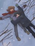  2boys :o black_hair blue_coat blue_pants brown_gloves brown_hair closed_eyes coat feet_out_of_frame full_body gloves green_footwear green_gloves happy highres long_sleeves male_focus manjoume_jun medium_hair multiple_boys open_mouth pants red_scarf scarf snow ten_(100000_910) winter_clothes winter_coat winter_gloves yaoi yu-gi-oh! yu-gi-oh!_gx yuki_judai 