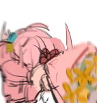  1girl blurry bocchi_the_rock! bouquet flower gotoh_hitori highres holding holding_bouquet jacket leaning_forward lingyi long_hair pink_hair pink_jacket simple_background solo white_background yellow_flower 