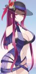  1girl bare_shoulders black_hat blue_one-piece_swimsuit breasts casual_one-piece_swimsuit cleavage clothing_cutout dress_swimsuit fire_emblem fire_emblem_engage fire_emblem_heroes flower hat highres ivy_(fire_emblem) ivy_(summer)_(fire_emblem) large_breasts long_hair looking_at_viewer mole mole_under_mouth n_54 navel official_alternate_costume one-piece_swimsuit purple_eyes purple_hair see-through_headwear solo stomach stomach_cutout swimsuit 