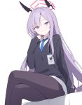  1girl absurdres black_pantyhose blue_archive blue_necktie crossed_legs halo highres jyt long_hair long_sleeves looking_at_viewer necktie pantyhose purple_eyes purple_hair red_halo shirt simple_background sitting utaha_(blue_archive) white_background white_shirt 
